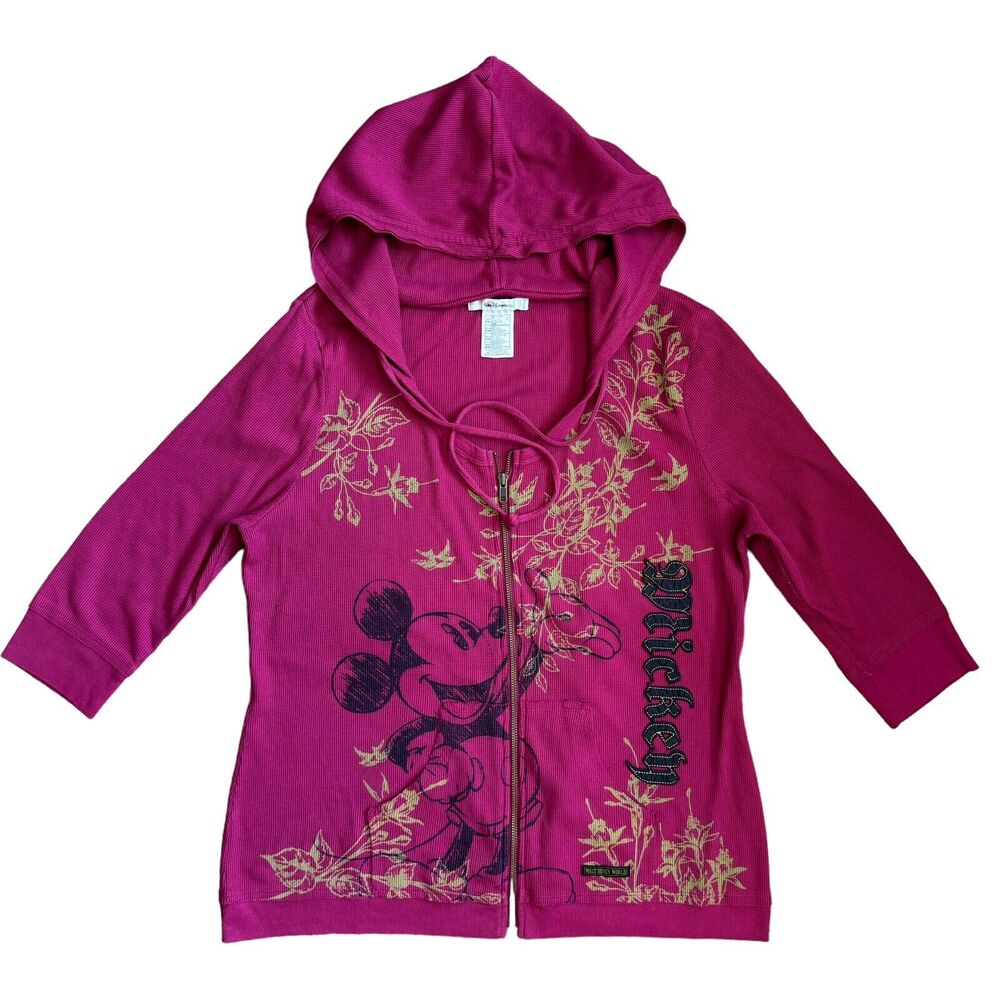 Mickey Mouse Waffle Zip Up Hoodie Jacket Embroidered XXL